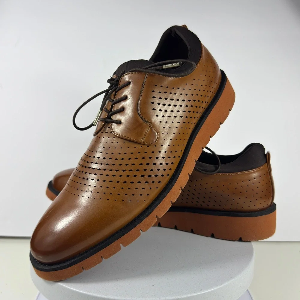 TAYNO Men 10 Cognac Perforated Oxford Vegan Leather Casual Dress Shoes